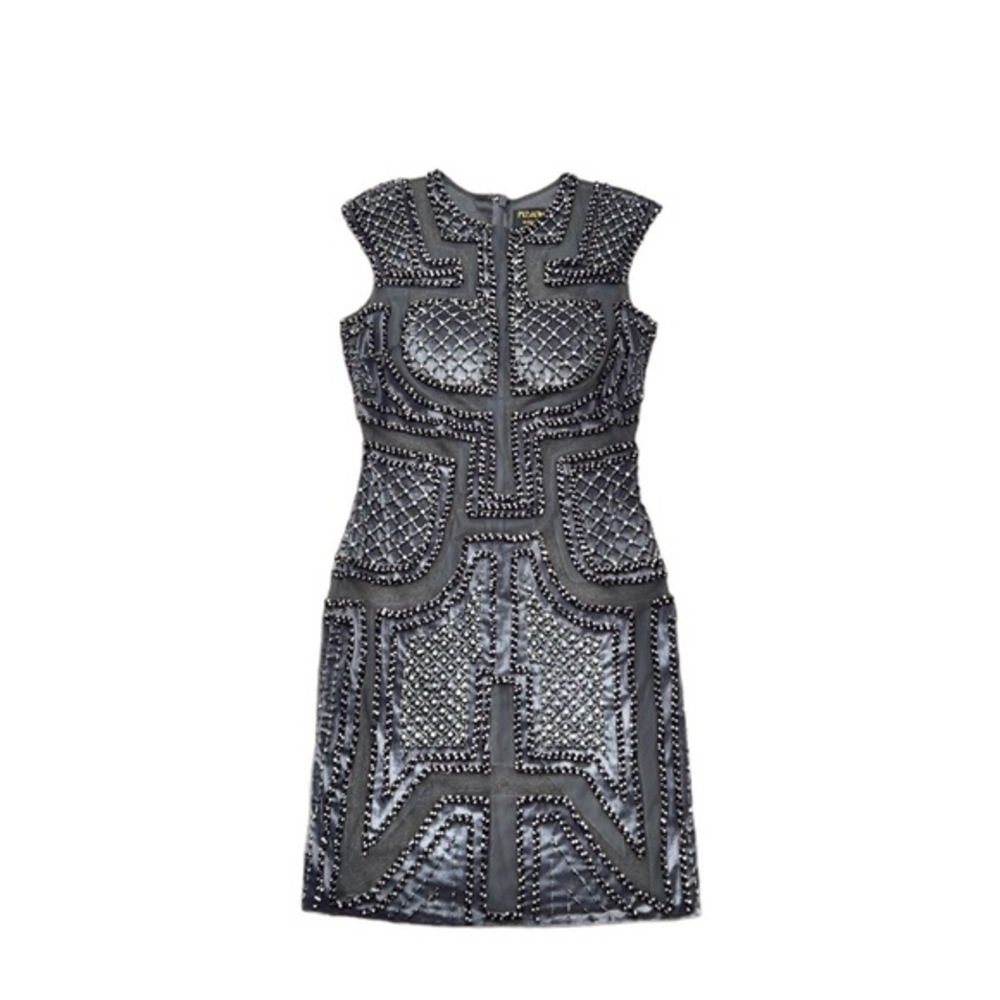 Musani Couture Gold Grey Velvet Beaded Mesh Sleeveless Cocktail Mini‎ Dress 8